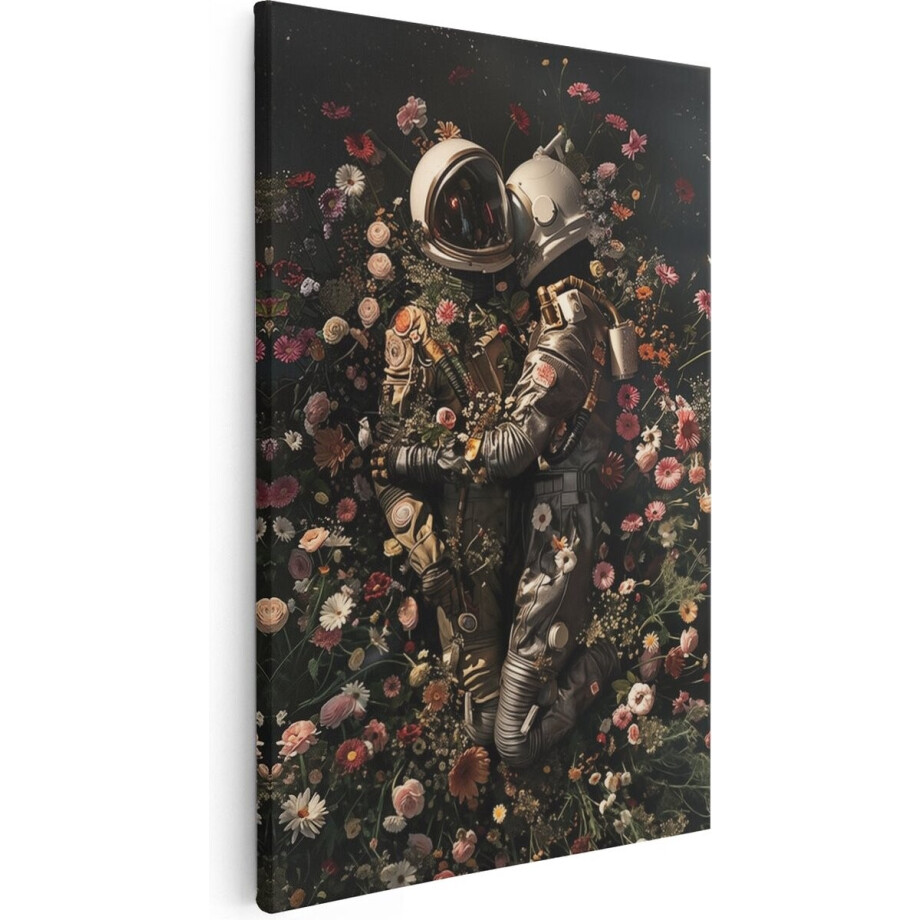 Artaza Canvas Schilderij Astronaut Bloemen - 60x90 cm - Wanddecoratie Ruimte - Muurdecoratie Schilderij Bloemen - Kamer Accessoires afbeelding 1