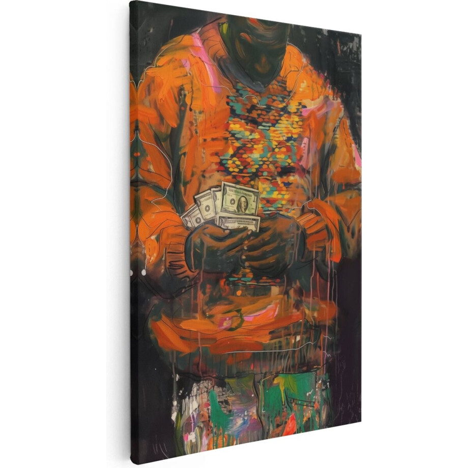 Artaza Canvas Schilderij Man in een Oranje Trui met Geld - 40x60 cm - Wanddecoratie Woonkamer - Schilderijen - Muurdecoratie afbeelding 1