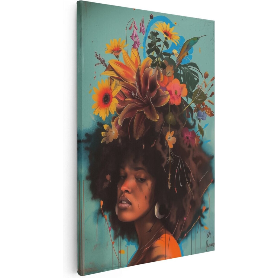 Artaza Canvas Schilderij Vrouw Met Bloemen - 40x60 cm - Wanddecoratie Bloemen - Muurdecoratie Bloemenkroon - Kamer Accessoires afbeelding 1