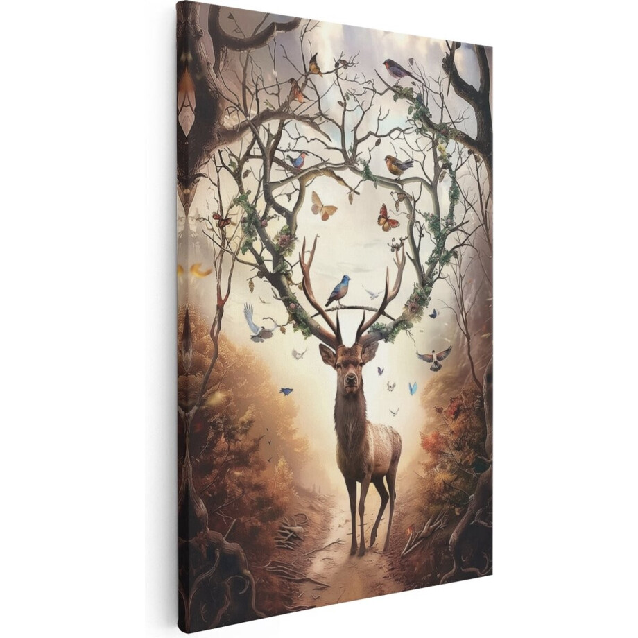 Artaza Canvas Schilderij Hert - 40x60 cm - Wanddecoratie Vogels - Muurdecoratie Gewei - Kamer Accessoires Herfst Bos afbeelding 1