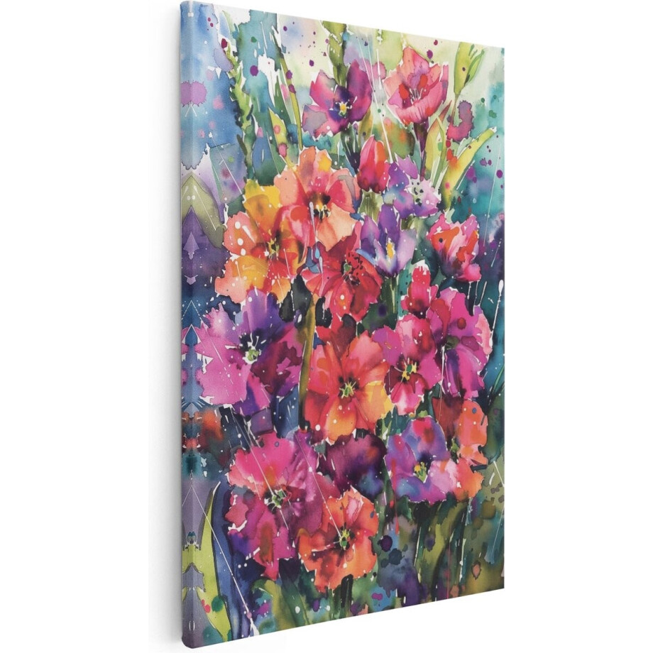Artaza Canvas Schilderij Kleurrijke Bloemen in Aquarelstijl - Bloemen - 80x120 cm - Groot - Wanddecoratie Woonkamer - Schilderijen - Muurdecoratie afbeelding 1
