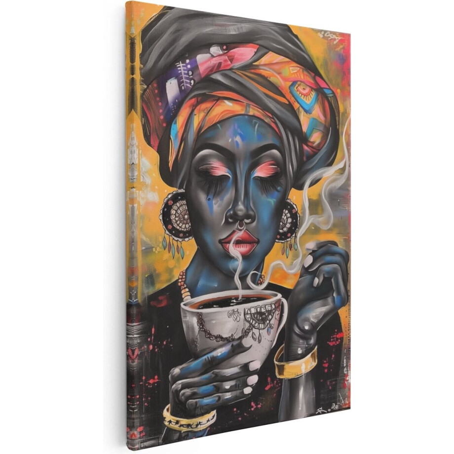 Artaza Canvas Schilderij Vrouw Met Hoofddoek - 40x60 cm - Wanddecoratie Koffie - Muurdecoratie Zwarte Vrouw - Schilderijen Op Canvas afbeelding 1
