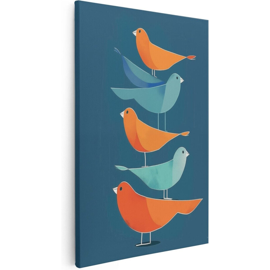 Artaza Canvas Schilderij Kleurrijke Vogels op een Blauwe Achtergrond - Dieren - 60x90 cm - Wanddecoratie Woonkamer - Schilderijen - Muurdecoratie afbeelding 1