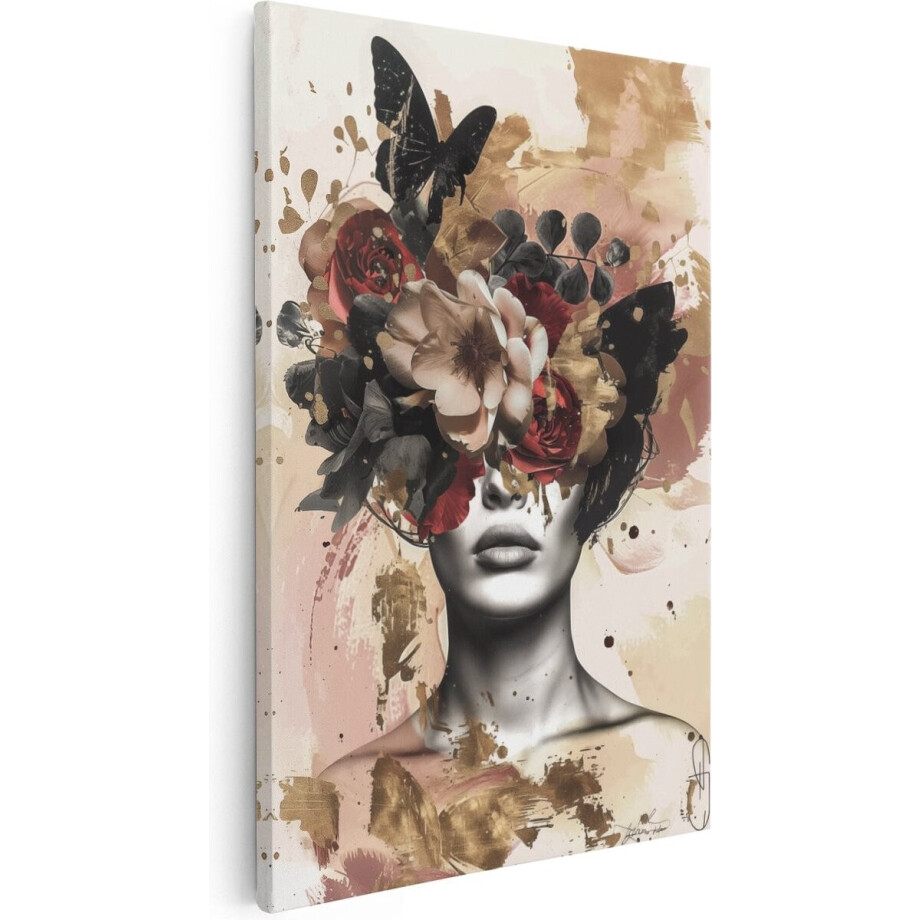 Artaza Canvas Schilderij Vrouw met Bloemen op haar Hoofd - Bloemen - 80x120 cm - Groot - Wanddecoratie Woonkamer - Schilderijen - Muurdecoratie afbeelding 1