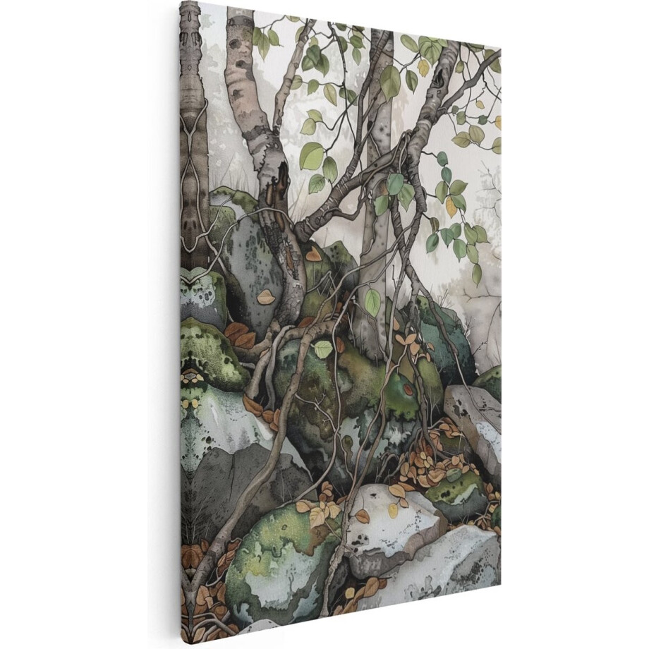 Artaza Canvas Schilderij Berkenbomen met Rotsen in het Bos - 40x60 cm - Wanddecoratie Woonkamer - Schilderijen - Muurdecoratie afbeelding 1