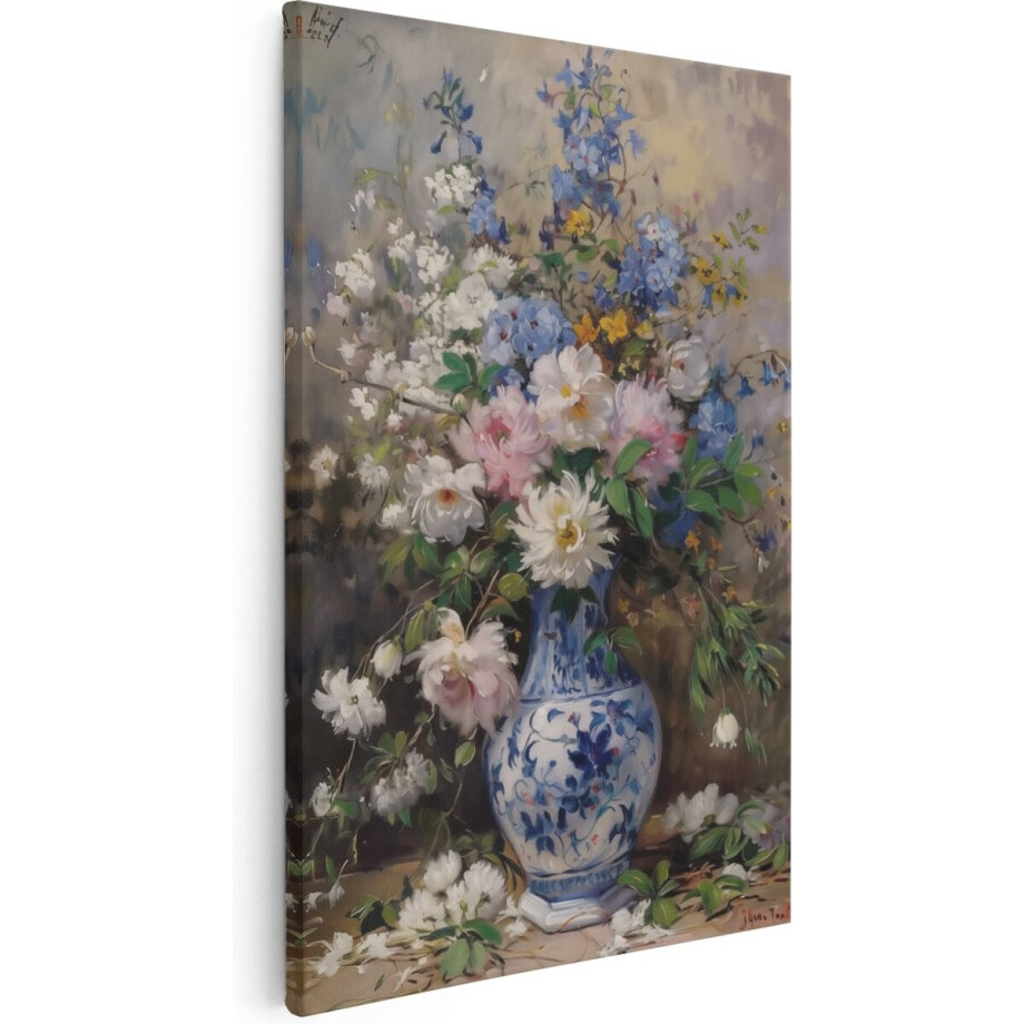 Artaza Canvas Schilderij Bloemen in een Blauw Witte Vaas - Bloemen - 60x90 cm - Wanddecoratie Woonkamer - Schilderijen - Muurdecoratie afbeelding 1