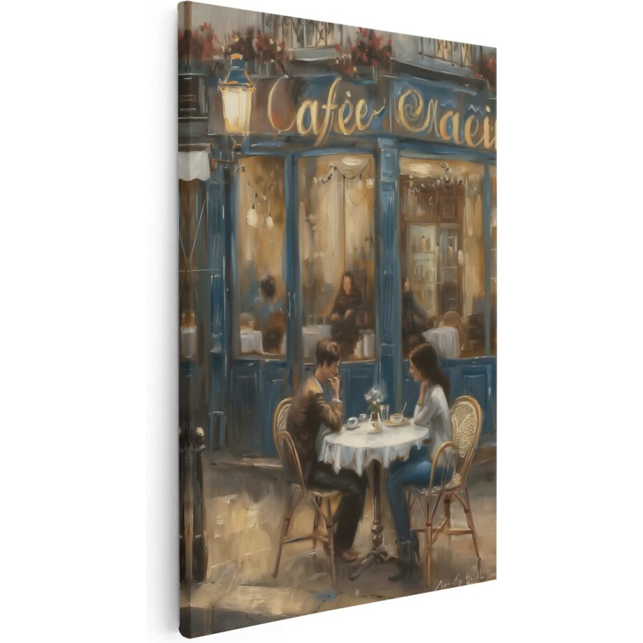 Artaza Canvas Schilderij Stel in een Café in Parijs - 80x120 cm - Groot - Wanddecoratie Woonkamer - Schilderijen - Muurdecoratie afbeelding 1