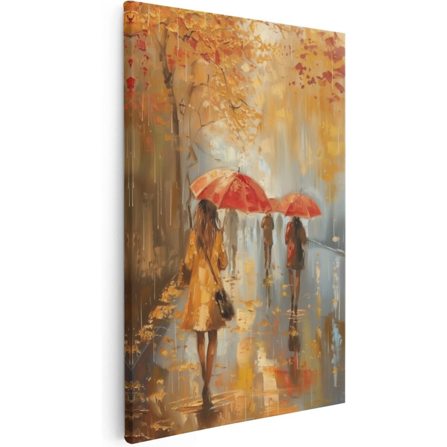 Artaza Canvas Schilderij Mensen met Paraplu’s in de Regen - 80x120 cm - Groot - Wanddecoratie Woonkamer - Schilderijen - Muurdecoratie afbeelding 1