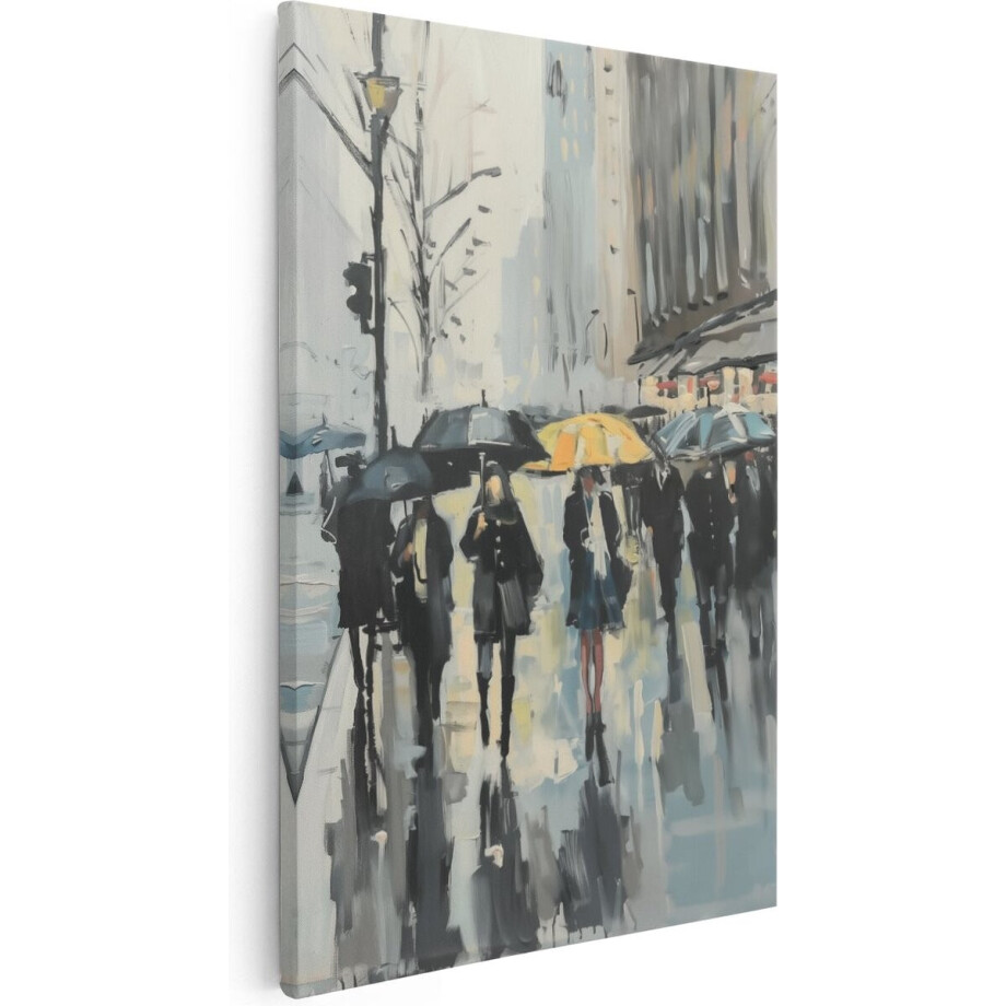 Artaza Canvas Schilderij Mensen met Paraplu's in de Regen - 80x120 cm - Groot - Wanddecoratie Woonkamer - Schilderijen - Muurdecoratie afbeelding 1