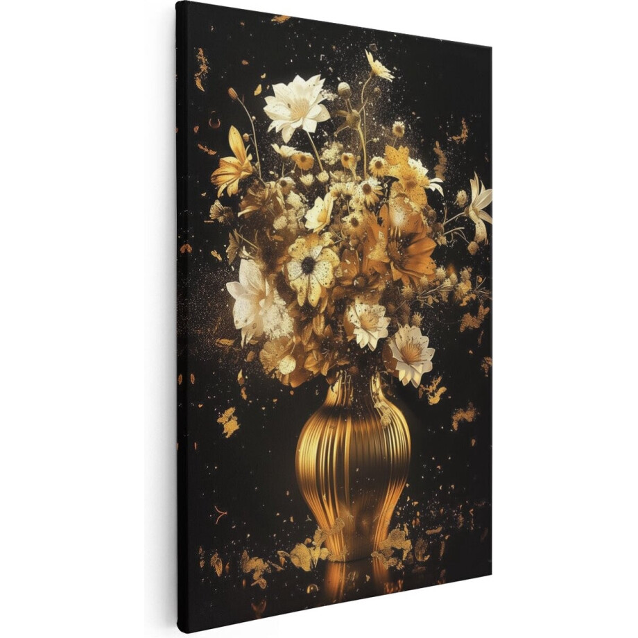 Artaza Canvas Schilderij Bloemen Vaas - 40x60 cm - Wanddecoratie Stilleven - Muurdecoratie Goud - Schilderijen Op Canvas afbeelding 1