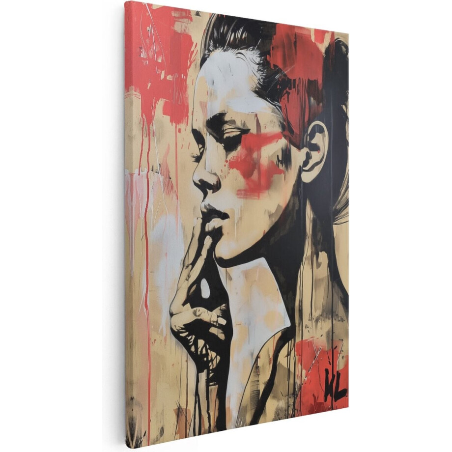 Artaza Canvas Schilderij Vrouw met haar Hand op haar Kin - 60x90 cm - Wanddecoratie Woonkamer - Schilderijen - Muurdecoratie afbeelding 1