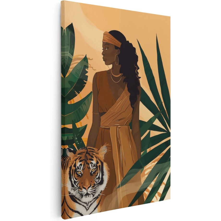 Artaza Canvas Schilderij Afrikaanse Vrouw met een Tijger - Dieren - 40x60 cm - Wanddecoratie Woonkamer - Schilderijen - Muurdecoratie afbeelding 1