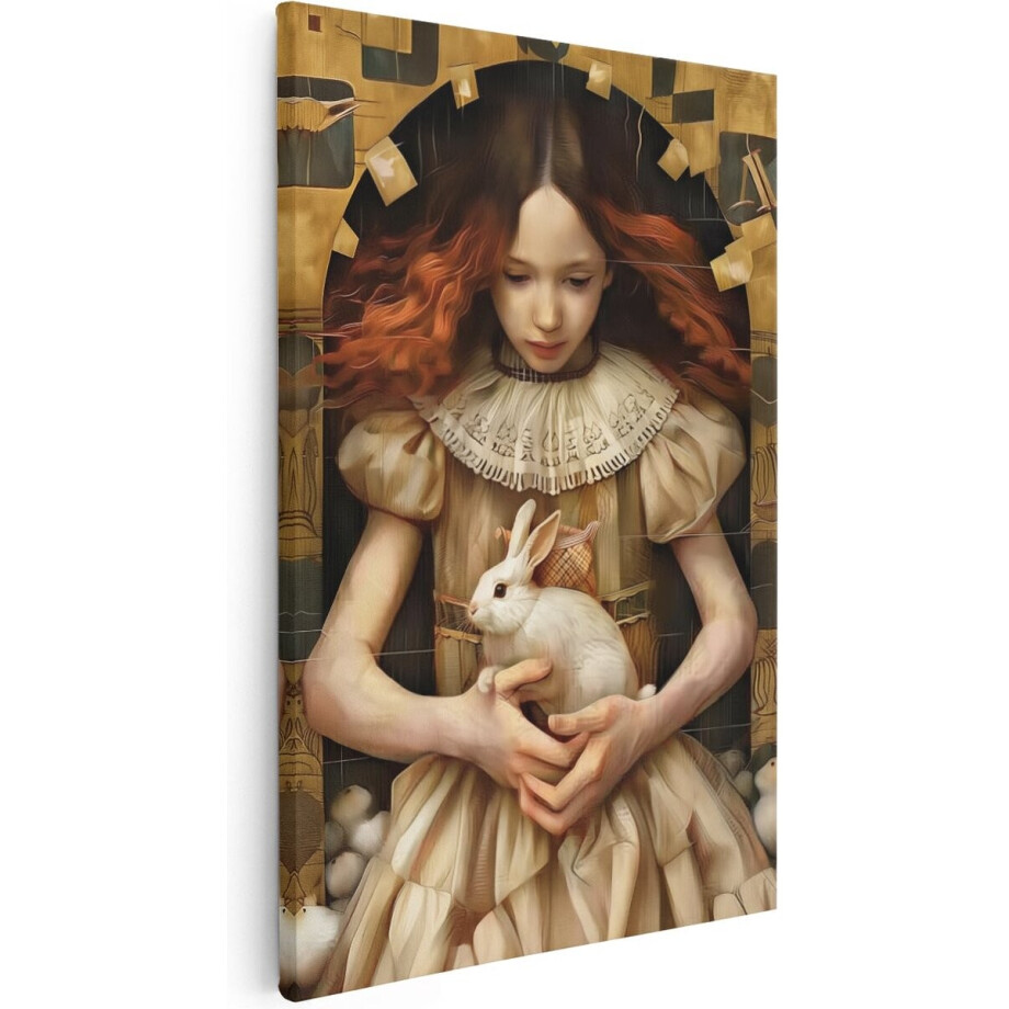 Artaza Canvas Schilderij Meisje met een Konijn - Dieren - 20x30 cm - Klein - Wanddecoratie Woonkamer - Schilderijen - Muurdecoratie afbeelding 1