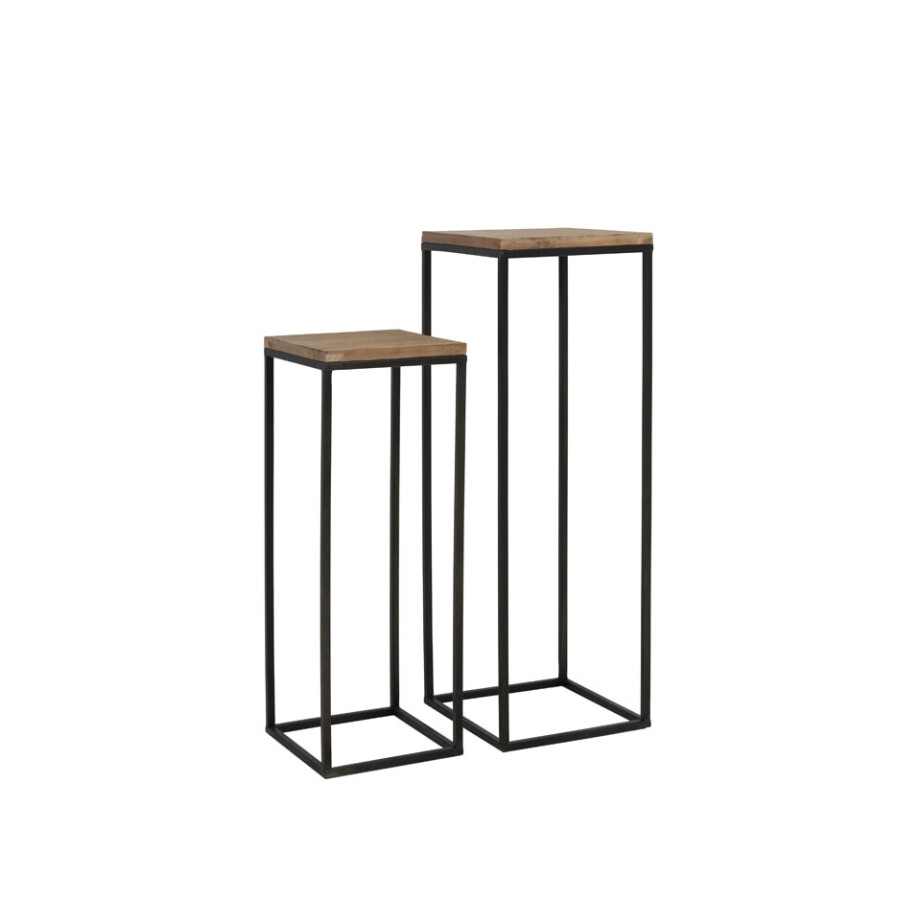 Light & Living Zuilen / bijzettafels 'Yarula' Set van 2 stuks, zwart+hout afbeelding 