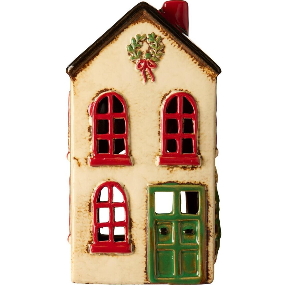 Ib Laursen - Keramieken huisje / kersthuisje - Wit met groene deur en kerstkrans - waxinelichthouder Ib Laursen - Keramieken huisje / kersthuisje - Wit met groene deur en kerstkrans - waxinelichthouder afbeelding 1