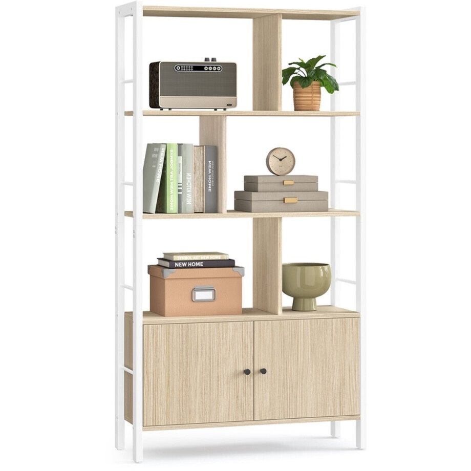 Boekenkast – 4 open planken – Natuurlijk beige-wolkwit – Stalen frame – 30 x 74 x 154,5 cm afbeelding 1