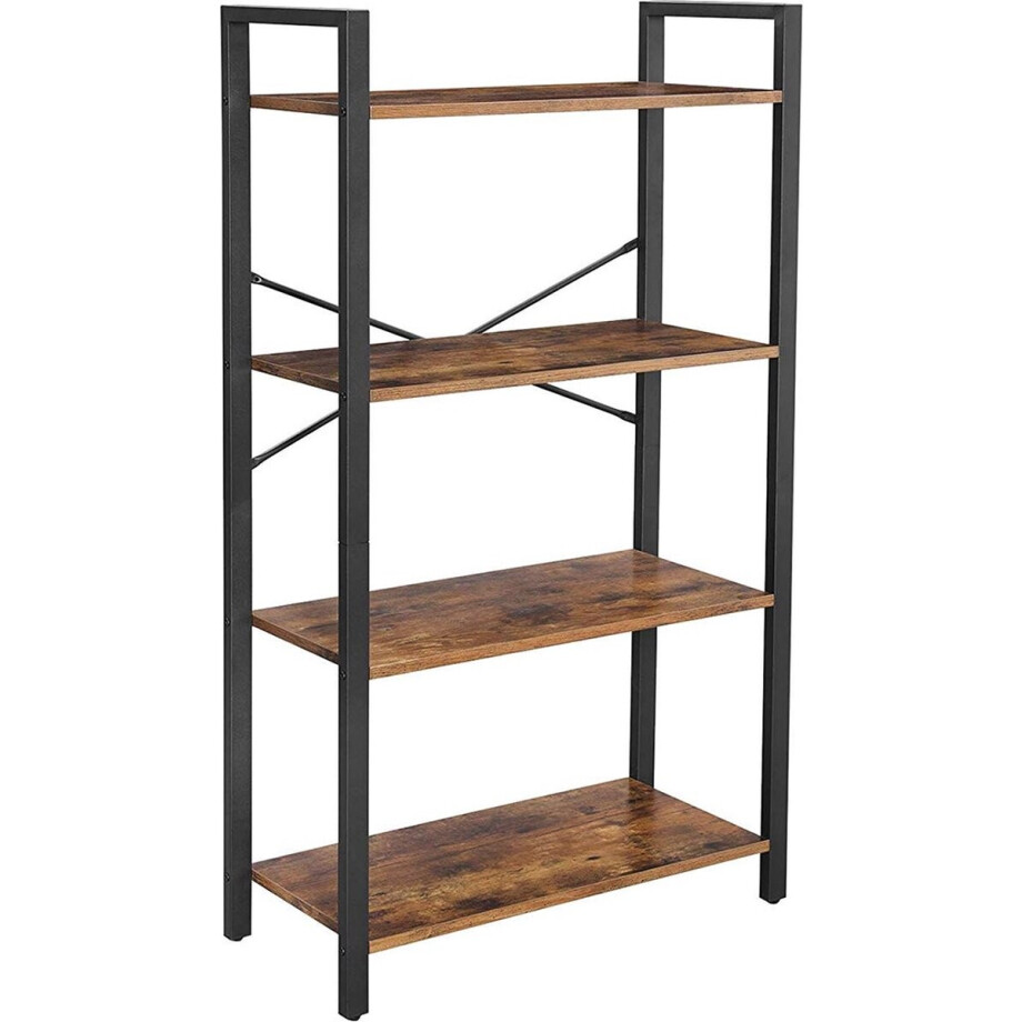 Boekenkast - Met 4 niveaus - Opbergrek - Stalen frame - Hoogte 120 cm - Bruin-zwart Boekenkast - Met 4 niveaus - Opbergrek - Stalen frame - Hoogte 120 cm - Bruin-zwart afbeelding 1