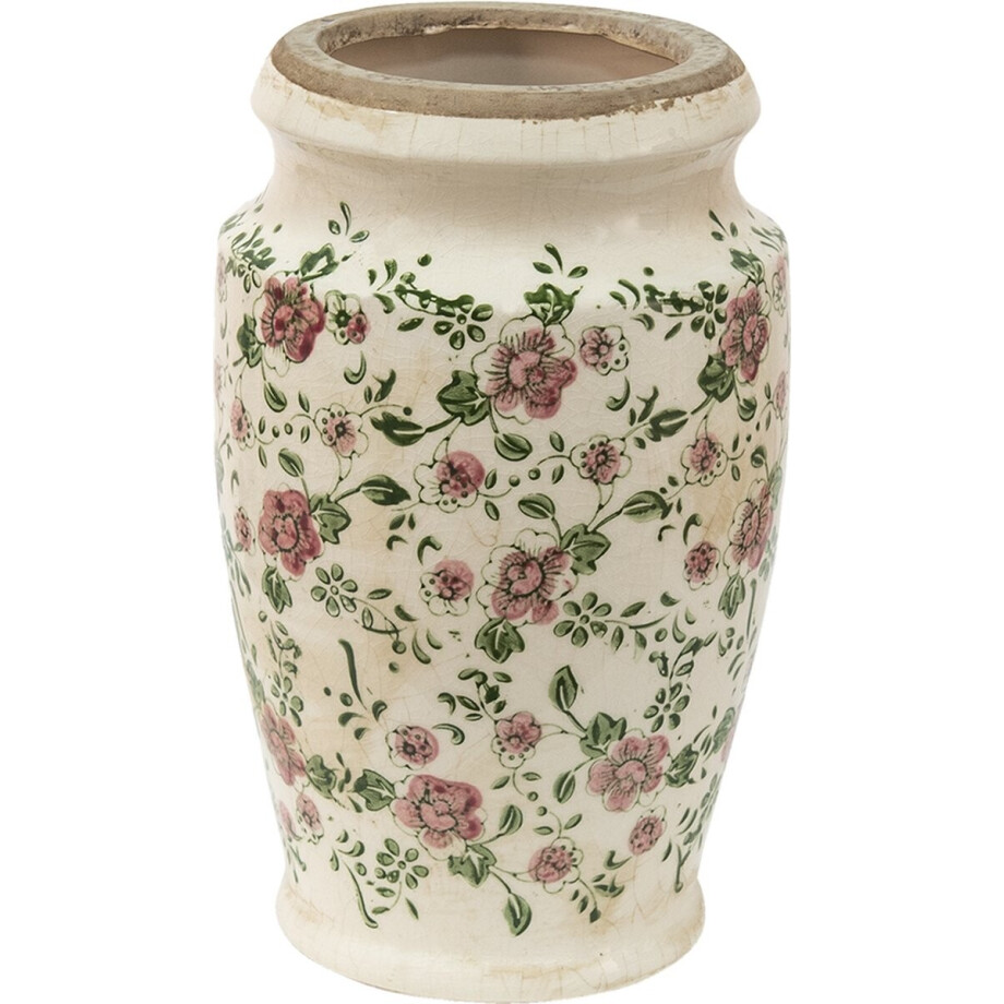 Clayre & Eef Vaas Ø 15x26 cm Roze Beige Keramiek Bloemen afbeelding 1