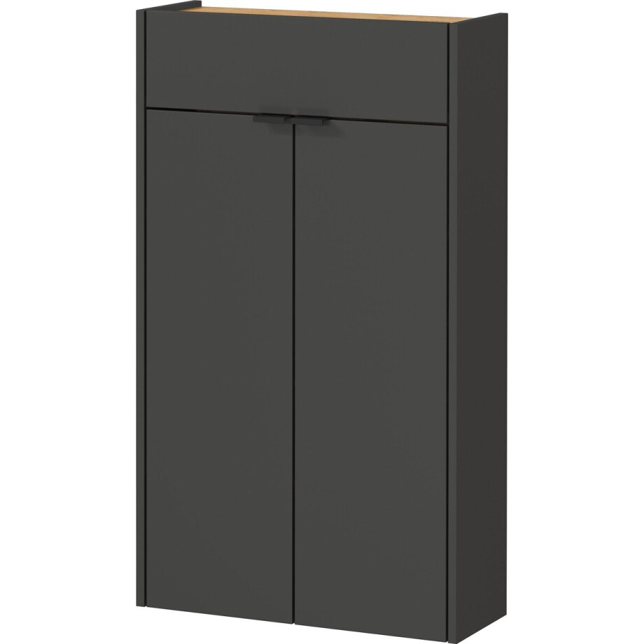 Opbergkast Eleonore Eiken - Grafiet - Breedte 56 cm - Hoogte 97 cm - Diepte 22 cm - Met lades - Met planken - Met openslaande deuren afbeelding 1