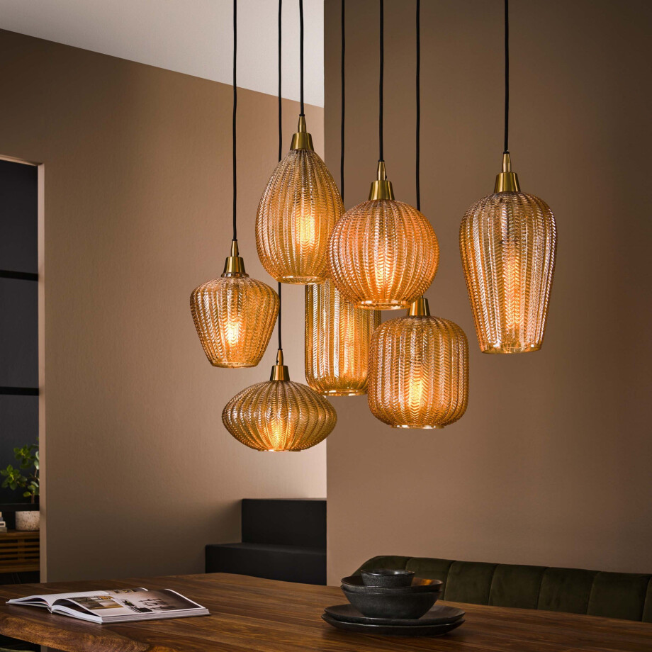 Hanglamp V-Shape 4+3-lichts Amber glas Hanglamp V-Shape 4+3-lichts Amber glas afbeelding