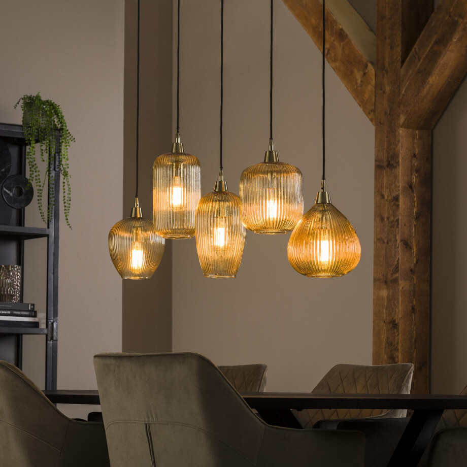 LifestyleFurn Hanglamp 'Zarek' Glas 5-lamps, kleur Amber LifestyleFurn Hanglamp 'Zarek' Glas 5-lamps, kleur Amber afbeelding 1