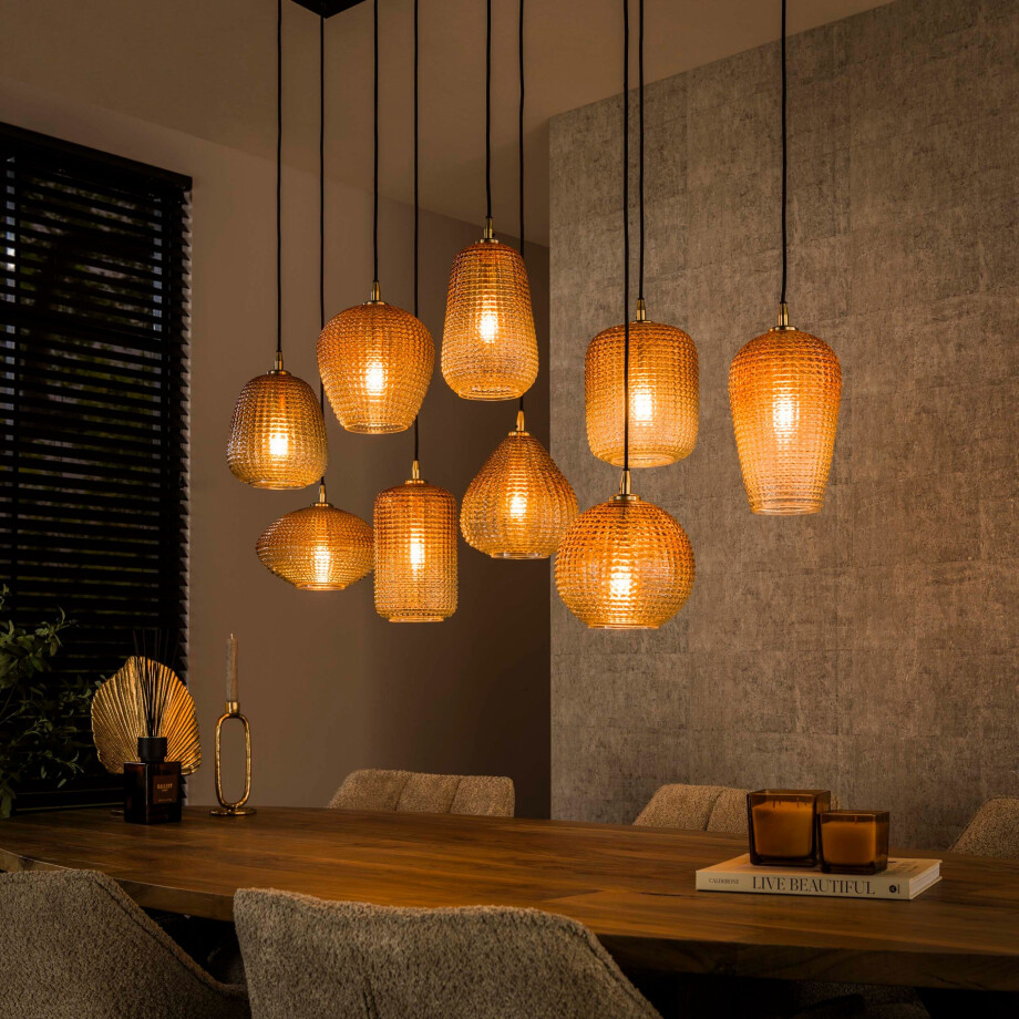 Hanglamp Dot 5+4-lichts Amber glas Hanglamp Dot 5+4-lichts Amber glas afbeelding