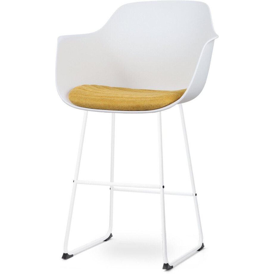 Nolon Nino-Liz Barkruk Wit met Okergeel Zitkussen - Armleuning - Kunststof - Wit Onderstel - 75 cm - Barstoel met Rugleuning afbeelding 1