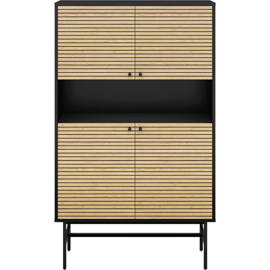 Opbergkast Madeira Eiken - Zwart - MDF - Breedte 100 cm - Hoogte 155 cm - Diepte 40 cm - Met planken - Met openslaande deuren afbeelding 1
