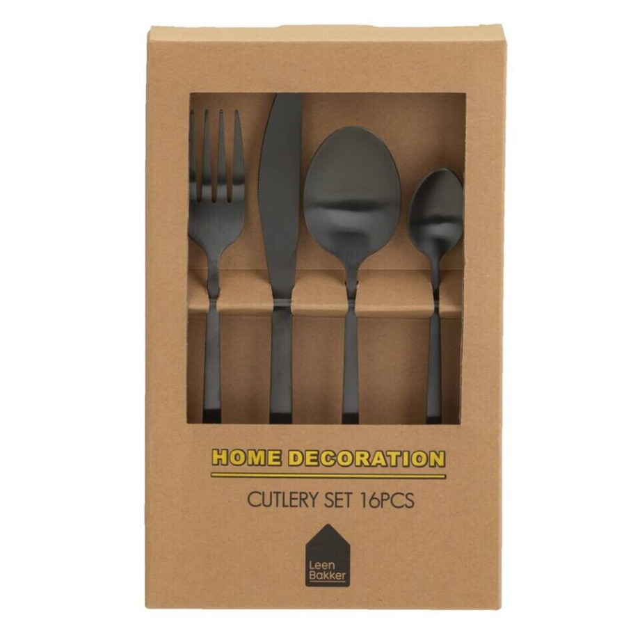 Leen Bakker - Bestekset - 16-delig - RVS - 4-persoons - Metaal - Zwart - 14x24x6.5 Cm Leen Bakker - Bestekset - 16-delig - RVS - 4-persoons - Metaal - Zwart - 14x24x6.5 Cm afbeelding 1