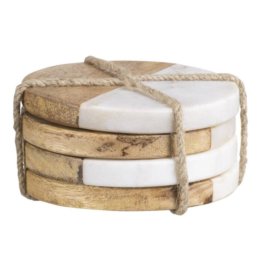 Leen Bakker - Onderzetter /wit Marmer - Ø10 Cm - 4 Stuks - Mangohout - Beige Leen Bakker - Onderzetter /wit Marmer - Ø10 Cm - 4 Stuks - Mangohout - Beige afbeelding 1