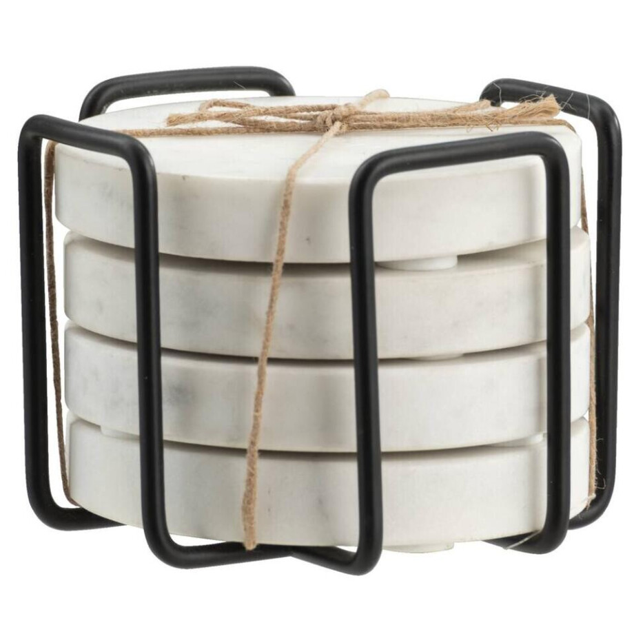 Leen Bakker - Onderzetters - Set Van 4 - Ø11 Cm - Met Houder - Marmer - Wit - B13 Cm afbeelding 1