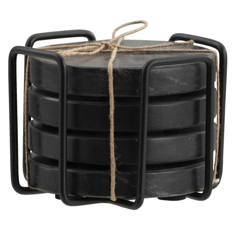 Leen Bakker - Onderzetters Zwart - Set Van 4 - Ø11 Cm - Met Houder - Marmer - Wit - B13 Cm Leen Bakker - Onderzetters Zwart - Set Van 4 - Ø11 Cm - Met Houder - Marmer - Wit - B13 Cm afbeelding 1