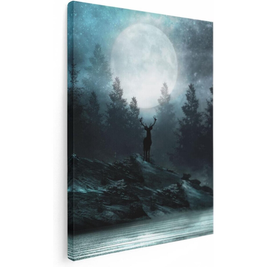 Artaza Canvas Schilderij Hert Op Een Rots Tijdens Volle Maan - 30x40 - Klein - Foto Op Canvas - Canvas Print afbeelding 1