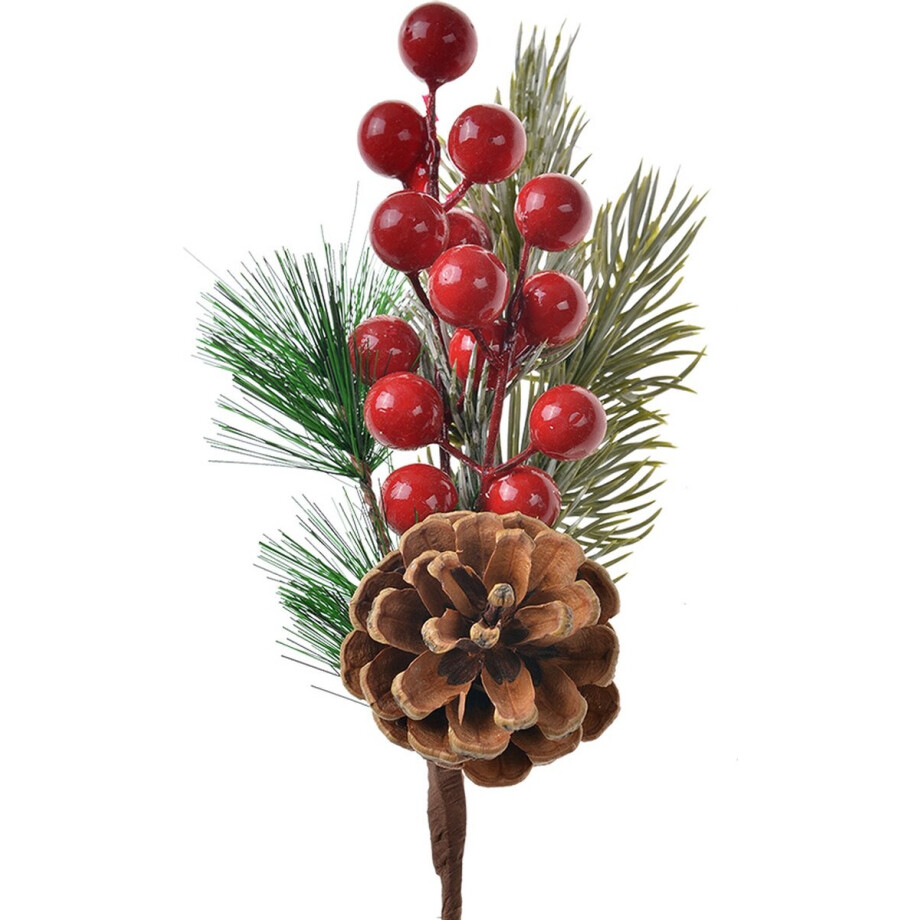Clayre & Eef Decoratie Tak 25 cm Rood Groen Kunststof Dennenappels afbeelding 1