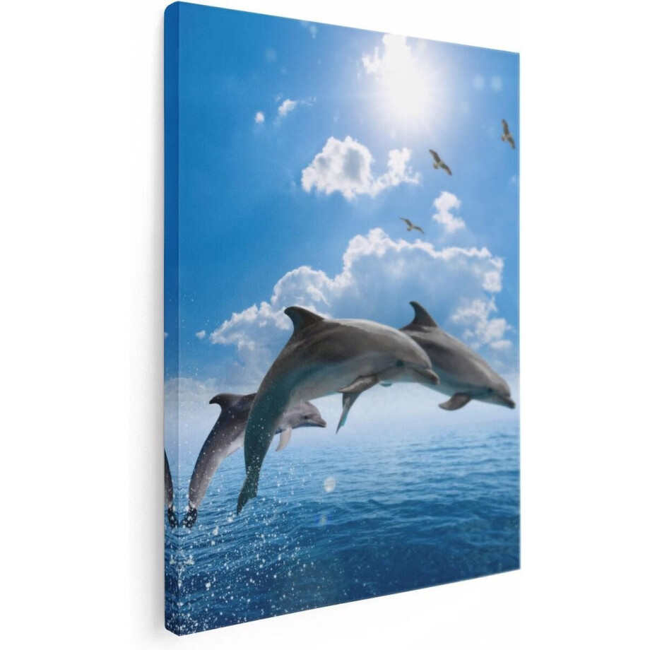 Artaza Canvas Schilderij Dolfijnen - 60x80 cm - Wanddecoratie Zee - Muurdecoratie Strand - Schilderijen Dieren afbeelding 1