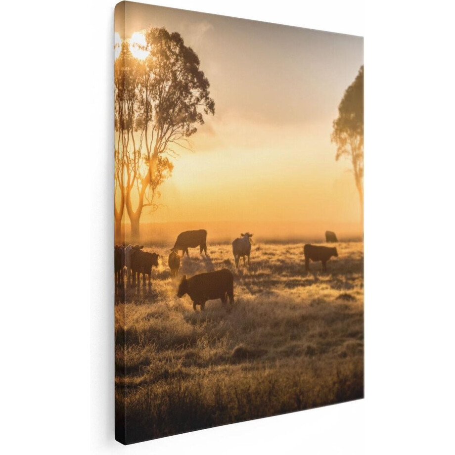 Artaza Canvas Schilderij Koeien - 60x80 cm - Wanddecoratie Zonsondergang - Muurdecoratie Boom - Schilderijen Op Canvas Natuur afbeelding 1