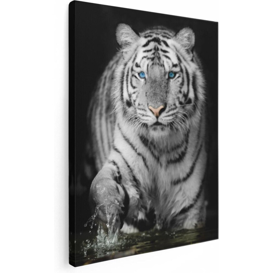 Artaza Canvas Schilderij Tijger Met Blauwe Ogen - Zwart Wit - 60x80 - Foto Op Canvas - Canvas Print afbeelding 1