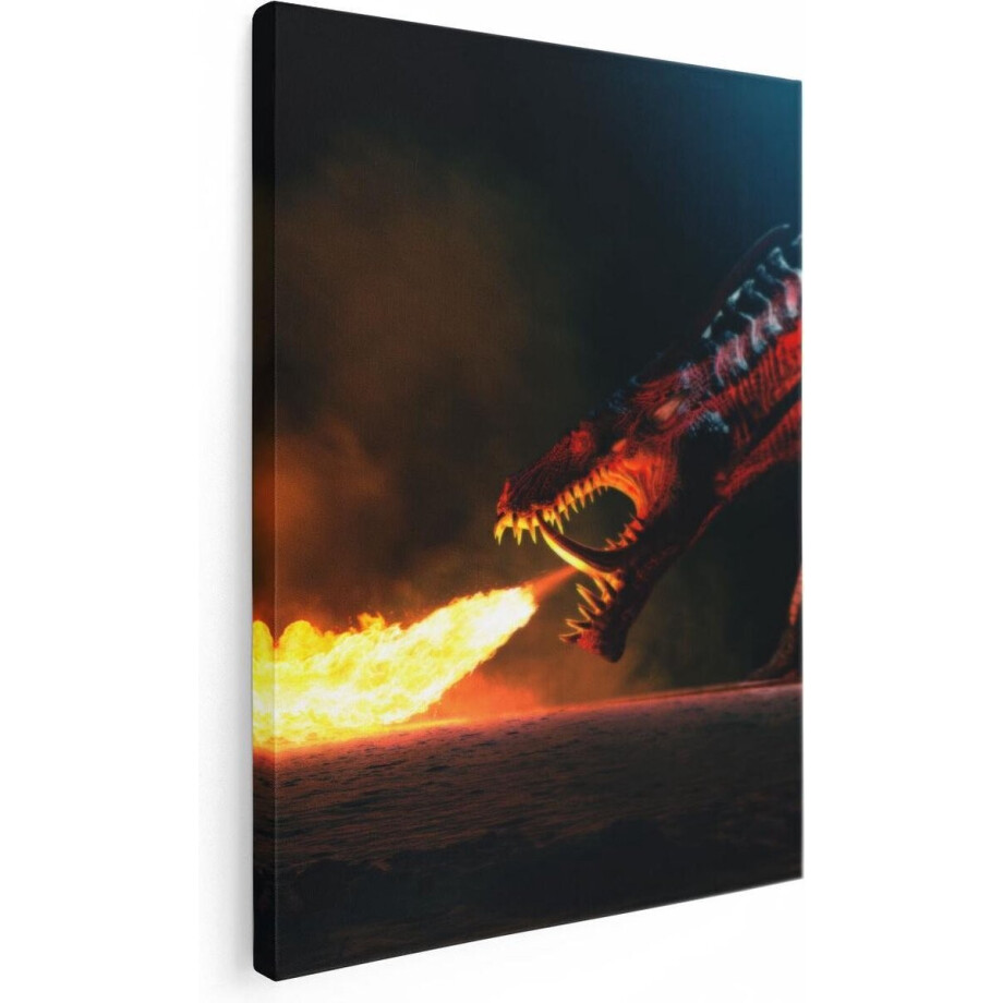Artaza Canvas Schilderij Draak Spuwt Vuur op een Paard en Knecht - 60x80 - Foto Op Canvas - Canvas Print afbeelding 1