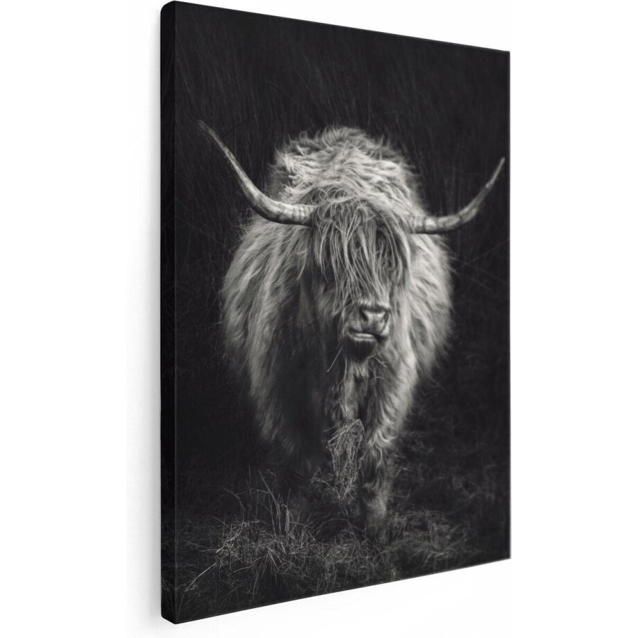 Artaza Canvas Schilderij Schotse Hooglander - 60x80 cm - Wanddecoratie Woonkamer - Muurdecoratie Dieren - Zwart Wit afbeelding 1