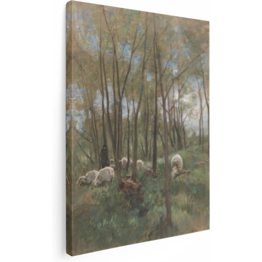 Artaza Canvas Schilderij Landschap - 60x80 cm - Wanddecoratie Bos - Muurdecoratie Schapen - Decoratie Herder - Schilderijen Op Canvas afbeelding 1