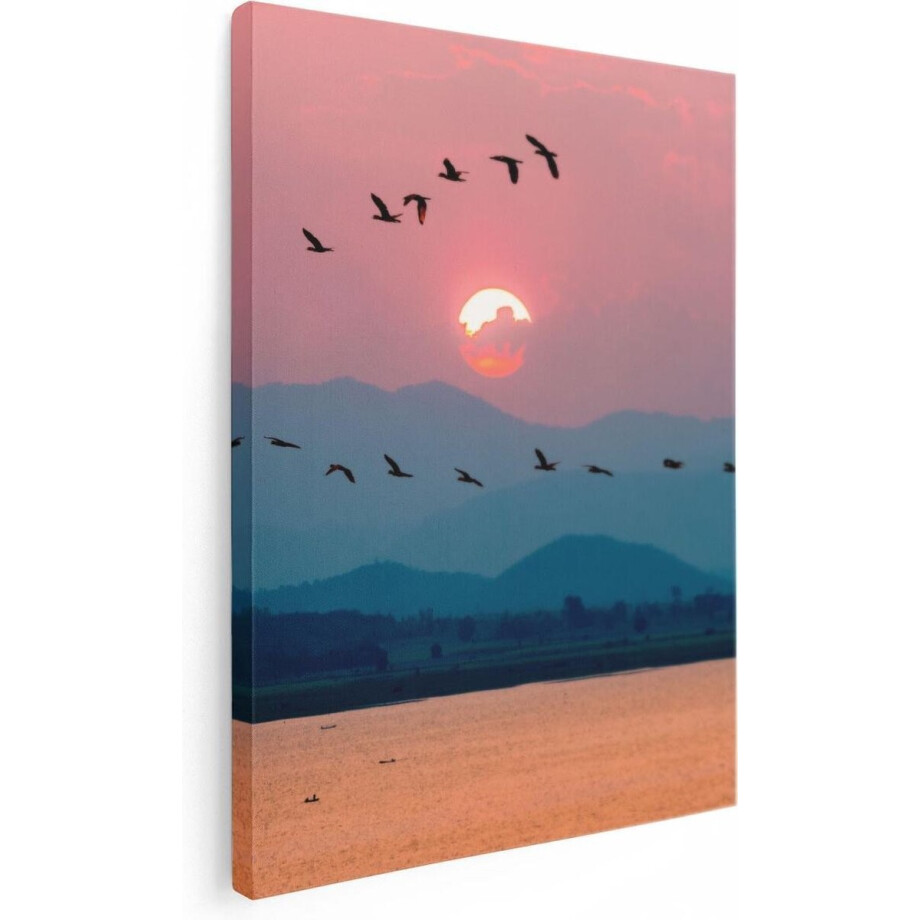 Artaza Canvas Schilderij Vogels - 60x80 cm - Wanddecoratie Zonsondergang - Muurdecoratie Vogels - Schilderijen Op Canvas Bergen afbeelding 1