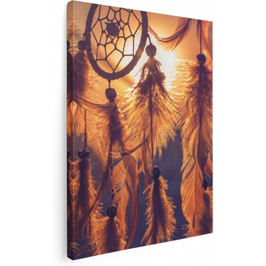 Artaza Canvas Schilderij Dromenvanger - 60x80 cm - Wanddecoratie Zonsondergang - Muurdecoratie Veren - Spirituele Decoratie afbeelding 1