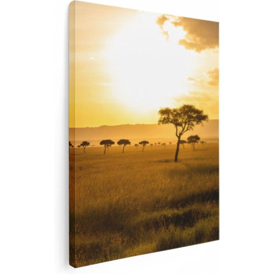 Artaza Canvas Schilderij Afrikaans Landschap - 60x80 cm - Wanddecoratie Zonsondergang - Muurdecoratie Savanne - Schilderijen Op Canvas Boom afbeelding 1