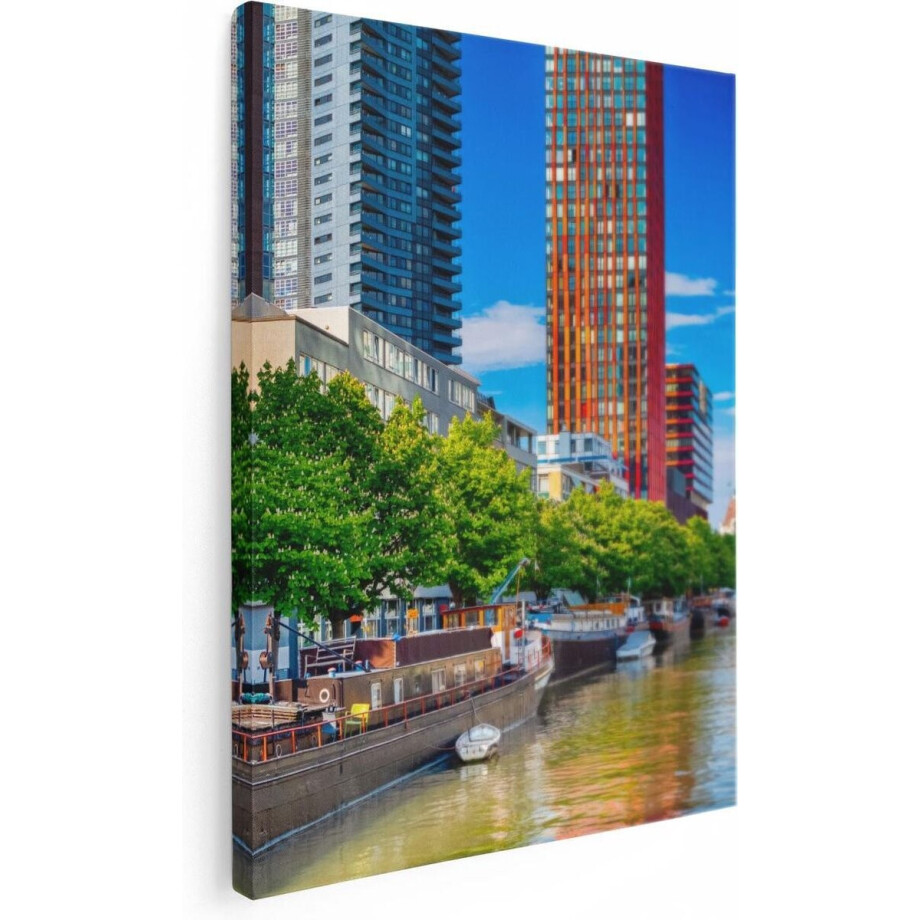 Artaza Canvas Schilderij Rotterdam - 60x80 cm - Wanddecoratie Skyline - Muurdecoratie Woonboten - Schilderijen Op Canvas Stad afbeelding 1