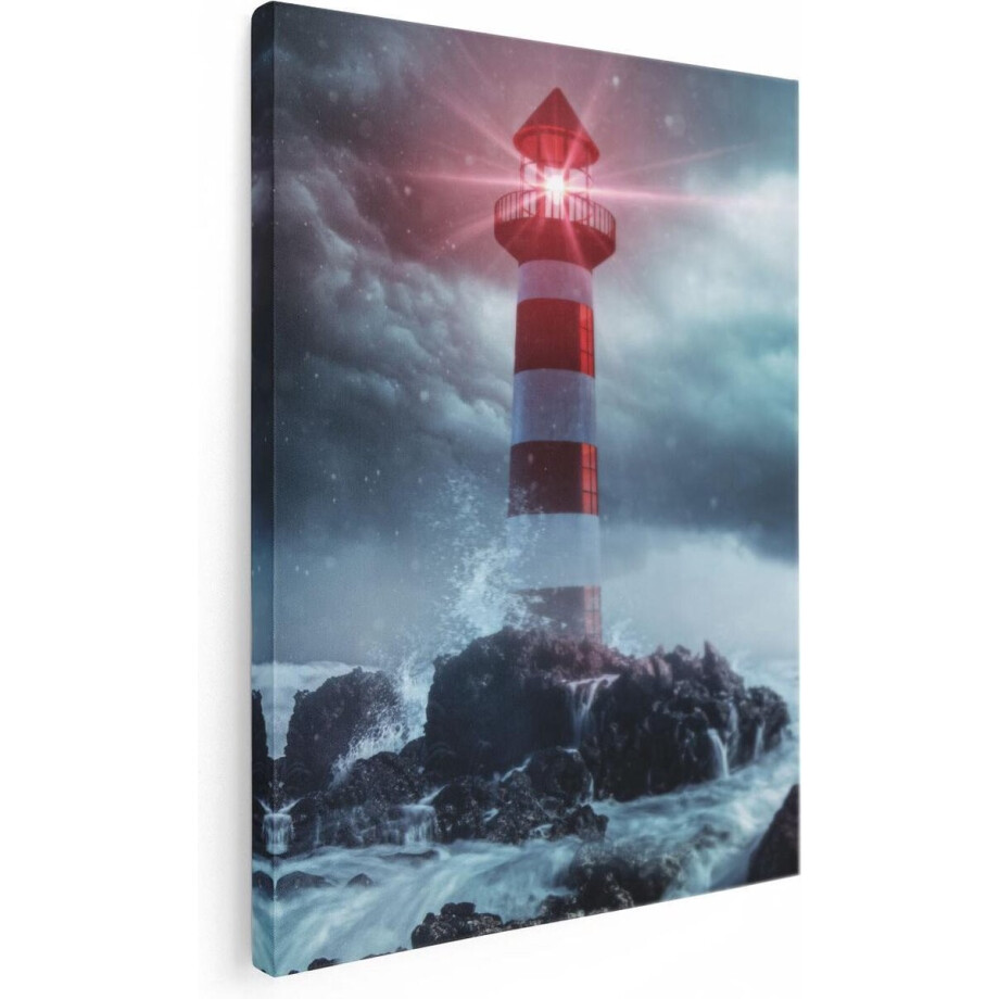 Artaza Canvas Schilderij Vuurtoren - 60x80 cm - Wanddecoratie Zee - Muurdecoratie Storm - Schilderijen Op Canvas afbeelding 1