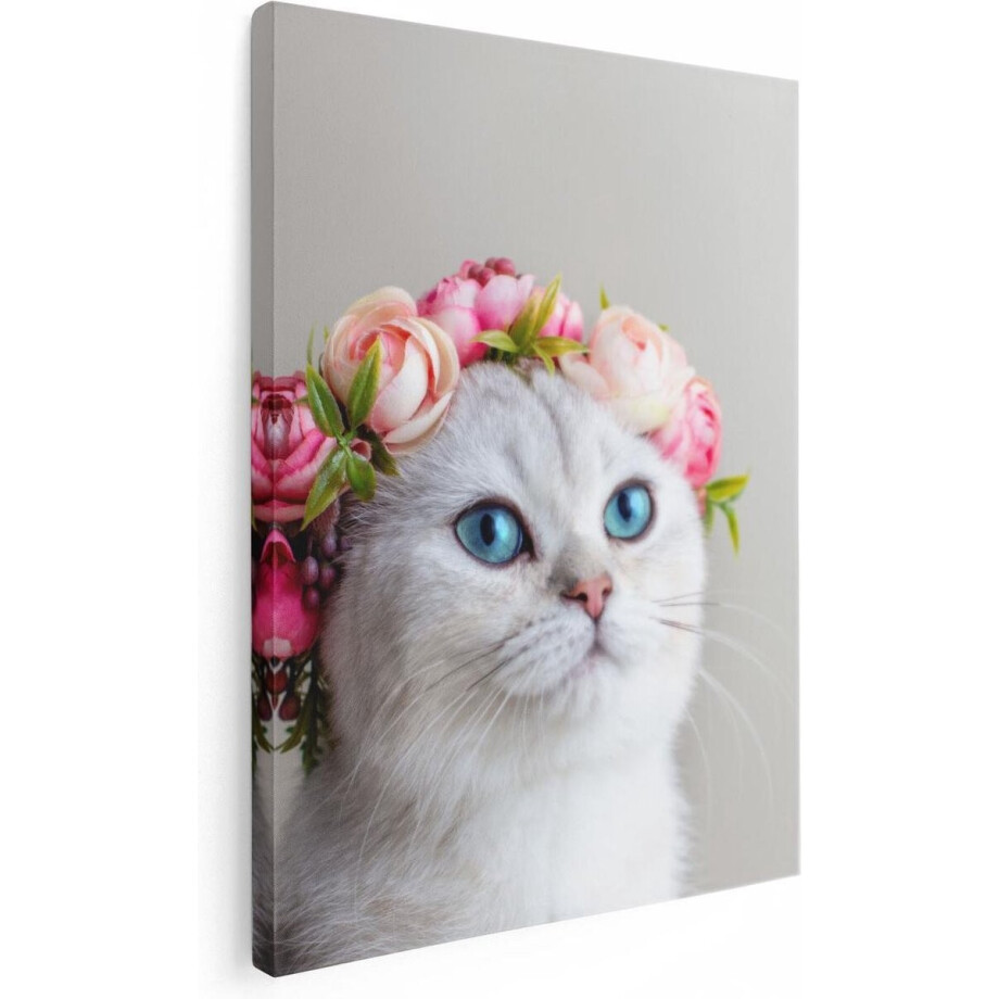 Artaza Canvas Schilderij Kat Met Een Bloemen Kroon  - 60x80 - Foto Op Canvas - Canvas Print afbeelding 1