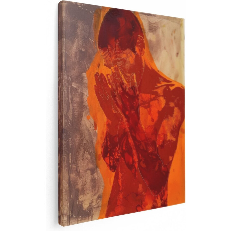 Artaza Canvas Schilderij Kunstwerk van een Man met zijn Handen op zijn Gezicht - 30x40 cm - Klein - Wanddecoratie Woonkamer - Schilderijen - Muurdecoratie afbeelding 1