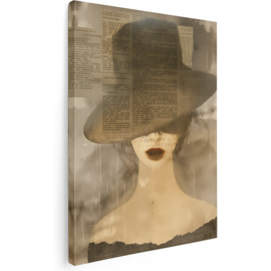 Artaza Canvas Schilderij Vrouw met een Hoed in de Regen - 30x40 cm - Klein - Wanddecoratie Woonkamer - Schilderijen - Muurdecoratie afbeelding 1