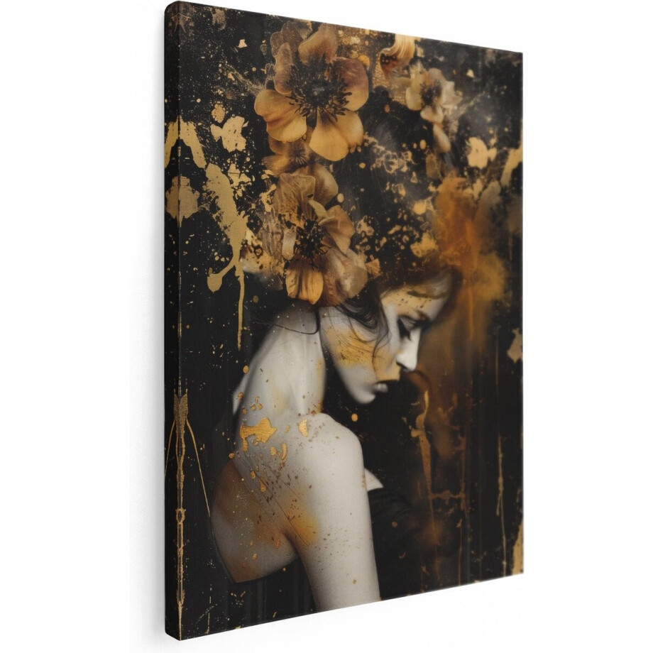 Artaza Canvas Schilderij Vrouw met Bloemen in haar Haar - 90x120 cm - Wanddecoratie Woonkamer - Schilderijen - Muurdecoratie afbeelding 1