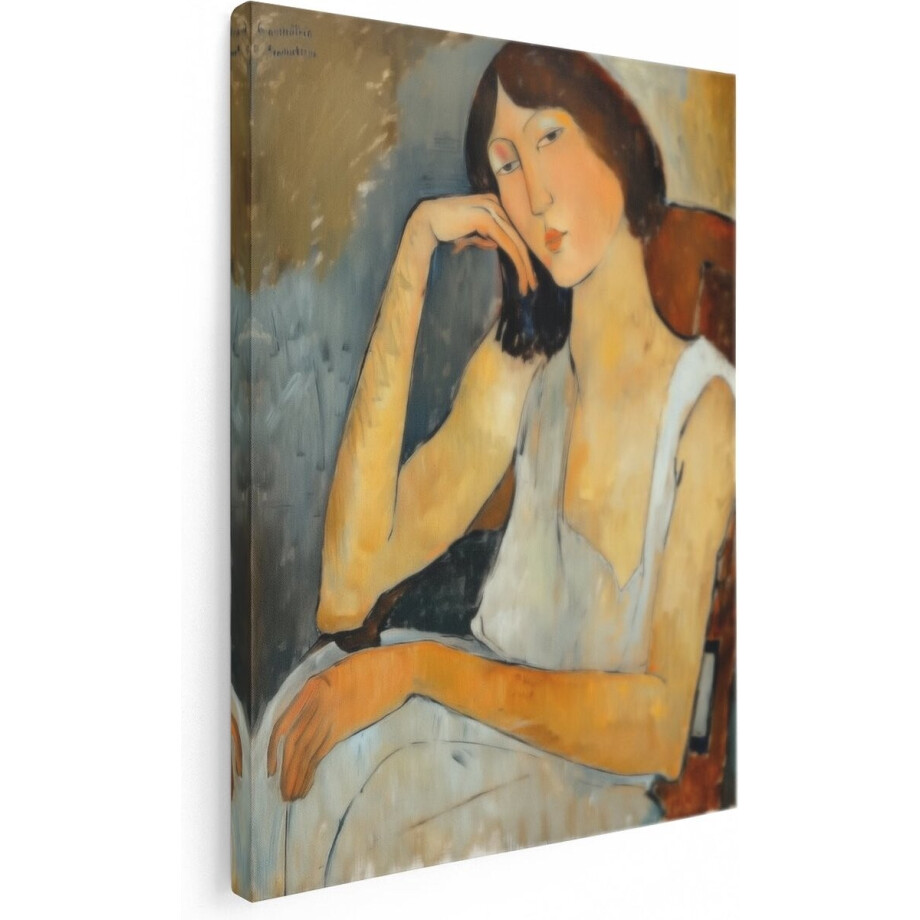 Artaza Canvas Schilderij Vrouw Zittend in een Stoel met Hand op haar Kin - 60x80 cm - Wanddecoratie Woonkamer - Schilderijen - Muurdecoratie afbeelding 1